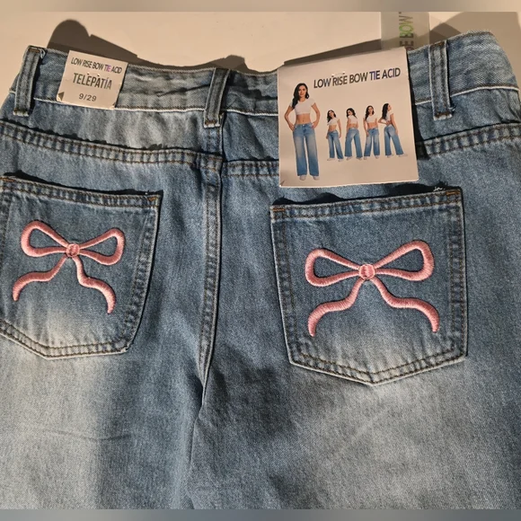Telepatía Women’s Embroidered Pink Bow Tie Acid Jeans Low Rise Size 9/29 New - Picture 3 of 5